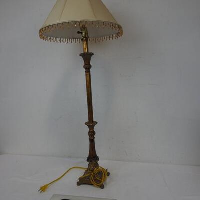 Gold/Brass Tone Lamp, Tan Shade with Beaded Trim 36" tall