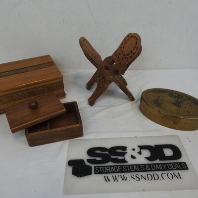 4 pc Vintage Home Decor, Chestnut Box, Folding Book Holder, Oval Metal Box