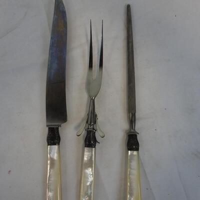 10 pc Food Display and Tools Lot: Knife, Knife Sharpener, Fork, Two Bottles, etc