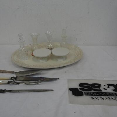 10 pc Food Display and Tools Lot: Knife, Knife Sharpener, Fork, Two Bottles, etc