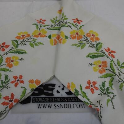 Hand Stitched Table Cloth, Orange/Yellow/Green Floral, 66" x 104" - Vintage