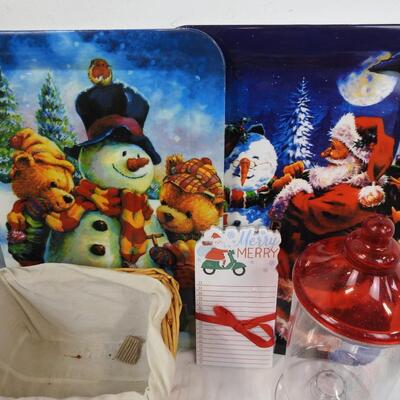 Christmas Lot: Snowman Tray, Snowflakes, Wrapping Paper, basket, Candy Dish