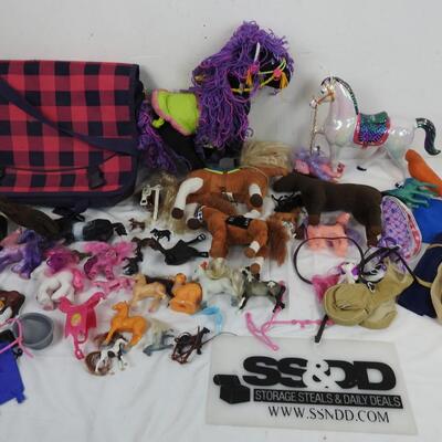 Lot of Toy Horses, Saddles, Disney, Secretariat, Pink Bag