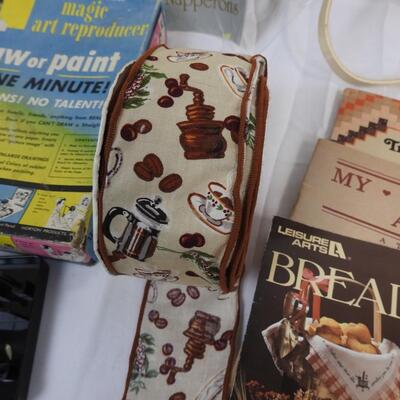 Craft Lot: Ribbon, Magic Art Reproducer, Magazines, Embroidery Hoops