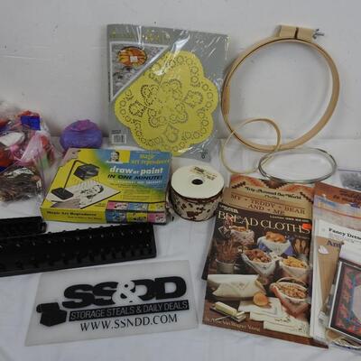 Craft Lot: Ribbon, Magic Art Reproducer, Magazines, Embroidery Hoops