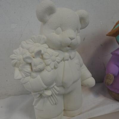 2 pc Ceramics, 1 Painted Bear in Dress, Unpainted Bear in Suit, Easter