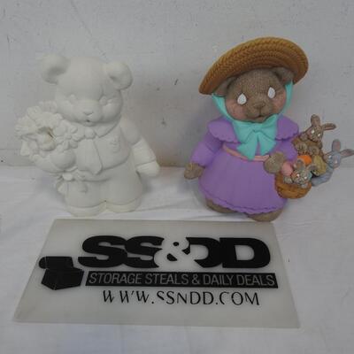 2 pc Ceramics, 1 Painted Bear in Dress, Unpainted Bear in Suit, Easter