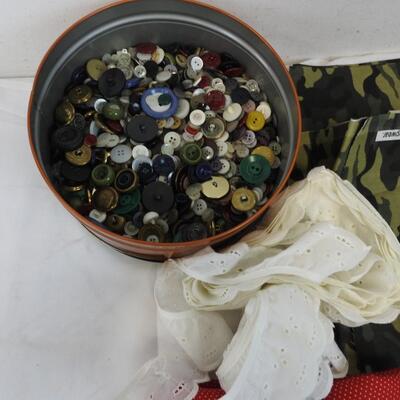 Lot of Assorted Material, Tin full of Buttons, Eyelet Lace