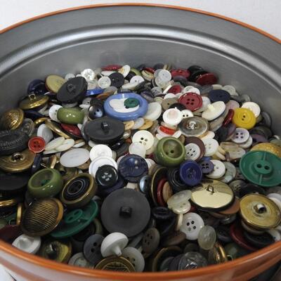 Lot of Assorted Material, Tin full of Buttons, Eyelet Lace