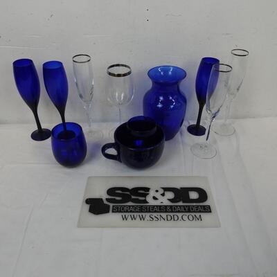 11 pc Glasses and Vases, Cobalt Blue, Cups, Vases, Flutes
