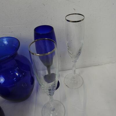 11 pc Glasses and Vases, Cobalt Blue, Cups, Vases, Flutes