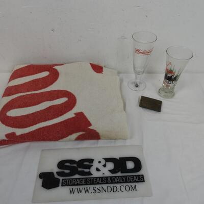 4 pc Budweiser, Budweiser Glasses, Budweiser Belt Buckle, Marlboro Towel