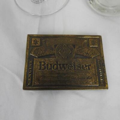 4 pc Budweiser, Budweiser Glasses, Budweiser Belt Buckle, Marlboro Towel