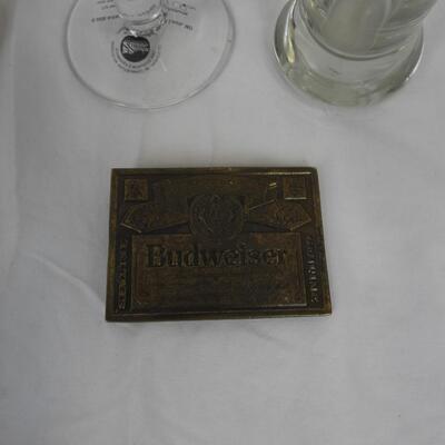4 pc Budweiser, Budweiser Glasses, Budweiser Belt Buckle, Marlboro Towel