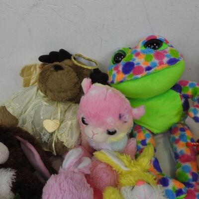 14 Stuffed Animals, Frogs, Rabbits, Pink Sharks