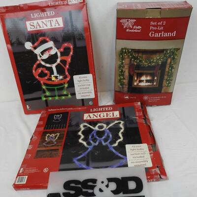 One Lighted Santa, One Lighted Angel, 2 Set Garland with Prelit Lights