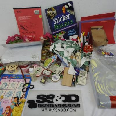Crafts Lot: Art Books, Faux Flowers, Markers and Glue, Ribbons, Paper
