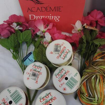 Crafts Lot: Art Books, Faux Flowers, Markers and Glue, Ribbons, Paper