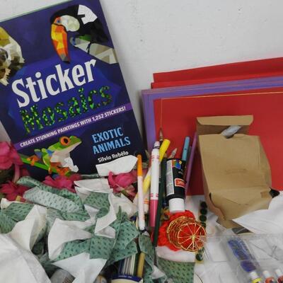 Crafts Lot: Art Books, Faux Flowers, Markers and Glue, Ribbons, Paper