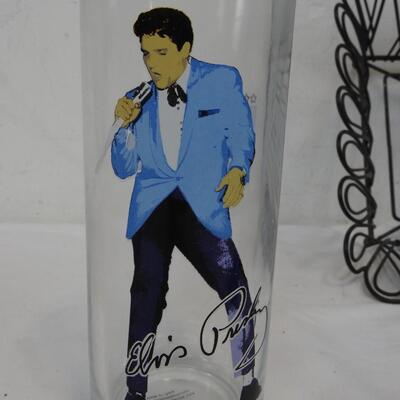 4 Collectable Elvis Presley glasses and Decorative Wire Basket