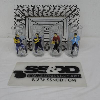 4 Collectable Elvis Presley glasses and Decorative Wire Basket