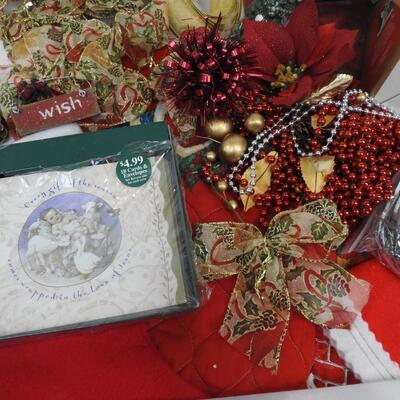 Christmas Lot: Bows, Mini Tree, Napkins, Angel Candleholder, Tree Skirts, Ribbon