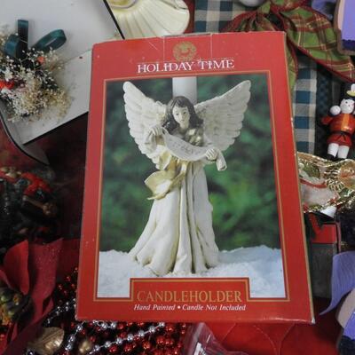 Christmas Lot: Bows, Mini Tree, Napkins, Angel Candleholder, Tree Skirts, Ribbon