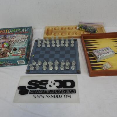 Glass Chess Board, Backgammon,Jigsaw Puzzle, Dice, PLaying Cards