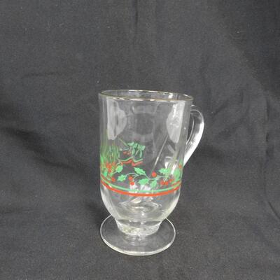 Christmas Themed Glassware, 2 Green Wine Classes, 5 Glass Mugs, Holiday Decor