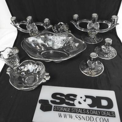 Glass Items w Metal Trim and Rose Decoration: 4 Candleholders, 2 Glasses