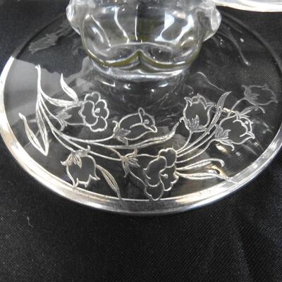 Glass Items w Metal Trim and Rose Decoration: 4 Candleholders, 2 Glasses