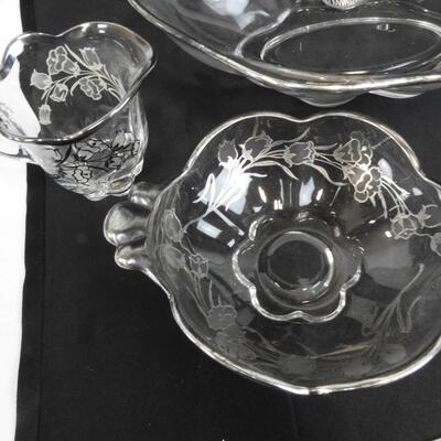 Glass Items w Metal Trim and Rose Decoration: 4 Candleholders, 2 Glasses