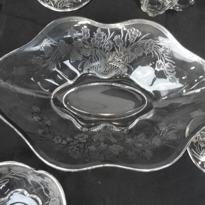 Glass Items w Metal Trim and Rose Decoration: 4 Candleholders, 2 Glasses