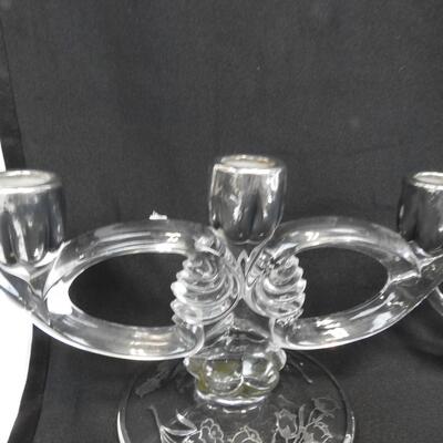 Glass Items w Metal Trim and Rose Decoration: 4 Candleholders, 2 Glasses