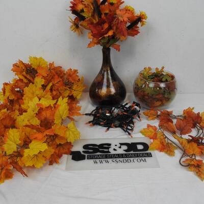 Fall Leaves Decor: Vase with Flowers & Leaves, Leaf Garland, Glass Bowl/Leaves