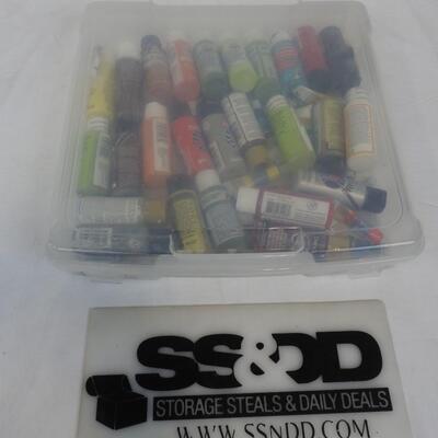 Clear Craft Bin w/ 26 Small Bottle Acrylic Paint & 15 Small Tubes Acrylic Paint