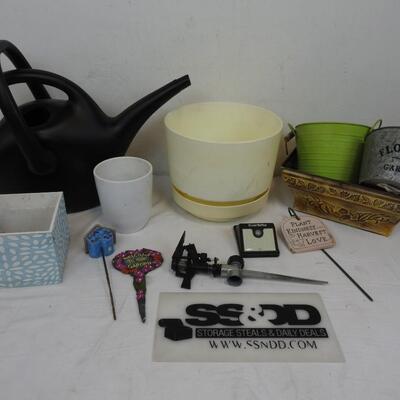 12 pc Plants & Garden Lot: Pots, Stake Decor, Watering Can, Sprinkler, Light