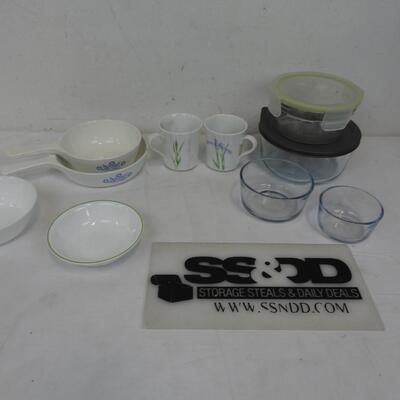 10 pc Kitchen Ware: Food Containers, Pyrex, Corning, Anchor Hocking, Corelle