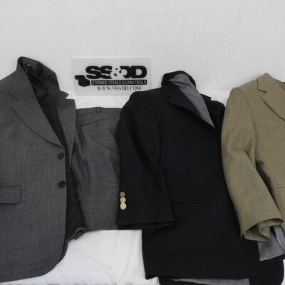 4 pc Men's Dress Clothing, 2 pc Gray Suit, Navy Jacket, Tan Jacket 38S & 40S