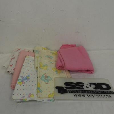 7 pc Fabric Pieces, Baby Designs, Sheep, Bunnies, White, Pink