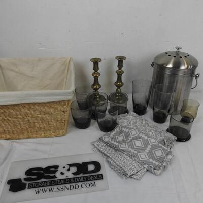 15 pc Home Decor: Glasses, Candle Sticks, Tablecloths, Ice Bucket, Basket