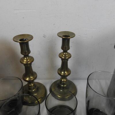 15 pc Home Decor: Glasses, Candle Sticks, Tablecloths, Ice Bucket, Basket