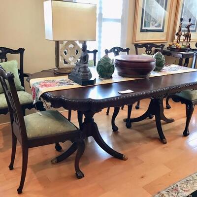 Federalist style 2 pedestal dining table and set of 6 Chippendale style dining chairs $995
table 78 X 44 X 31