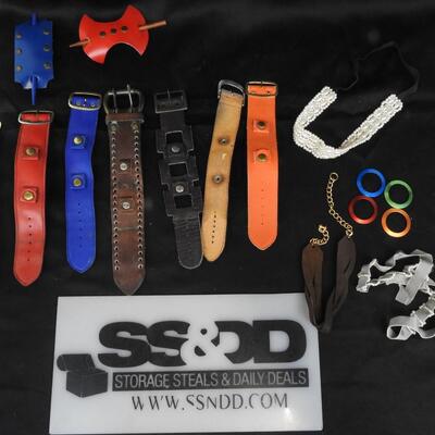16 pc Jewelry, 6 Leather Watch Type Bracelets, Leather Hair Accessories