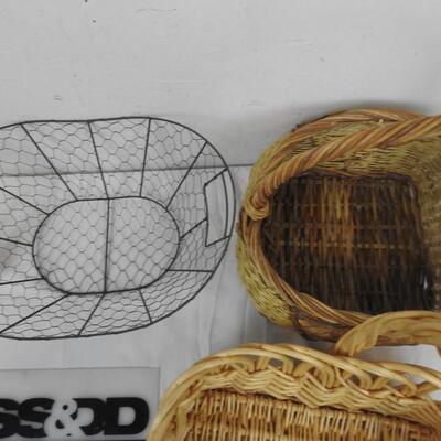 5 Baskets, 2 Metal Wire Baskets, 3 Wicker Baskets