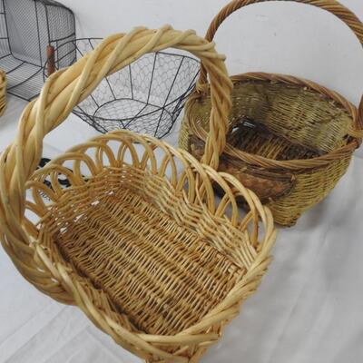 5 Baskets, 2 Metal Wire Baskets, 3 Wicker Baskets