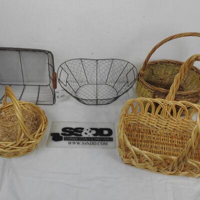 5 Baskets, 2 Metal Wire Baskets, 3 Wicker Baskets