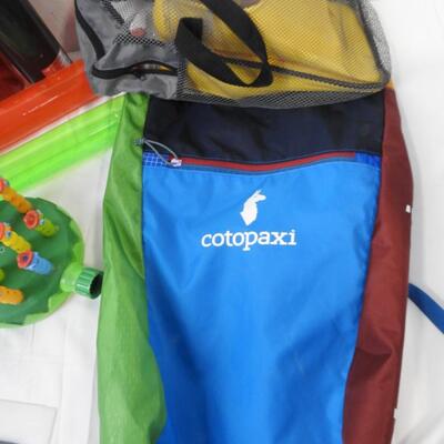 Outdoor Lot: Cotopaxi, Water Bottles, Flippers, Net, Inflatable Lightsabers