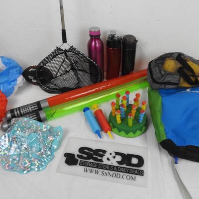 Outdoor Lot: Cotopaxi, Water Bottles, Flippers, Net, Inflatable Lightsabers