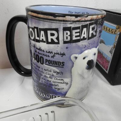 13 pc Kitchen Lot: Dish Drying Rack, Polar Bear Mug, Alaska Mugs, Anchor Hocking